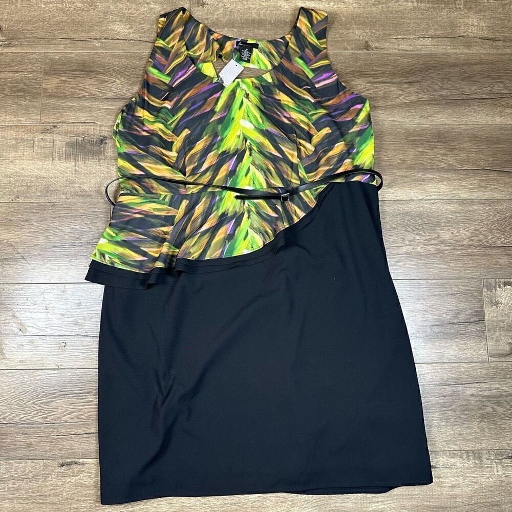 Lane Bryant Women’s Size 26 Asymmetrical Peplum Dress Black Green Sleeveless NWT